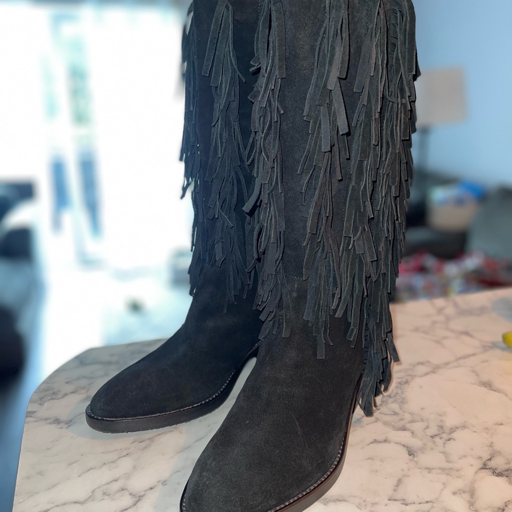 Aquatalia Black Suede Fringe Heeled Boots